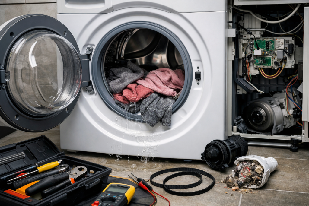 Photorealistic image of a modern washing machine with the door open showing an empty drum in a bright laundry room