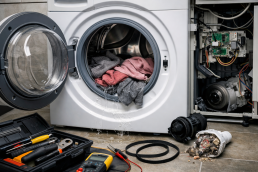 Photorealistic image of a modern washing machine with the door open showing an empty drum in a bright laundry room