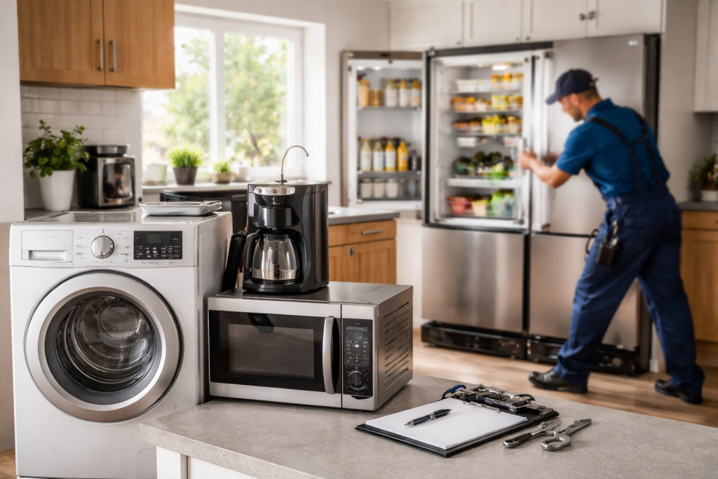 various household appliances including refrigerator, washing machine, oven, and dishwasher grouped together in a home setting
