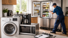 various household appliances including refrigerator, washing machine, oven, and dishwasher grouped together in a home setting
