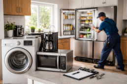various household appliances including refrigerator, washing machine, oven, and dishwasher grouped together in a home setting