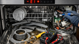 Whirlpool dishwasher with the door slightly open showing clean interior racks and spray