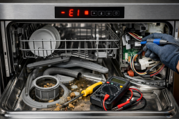 Whirlpool dishwasher with the door slightly open showing clean interior racks and spray