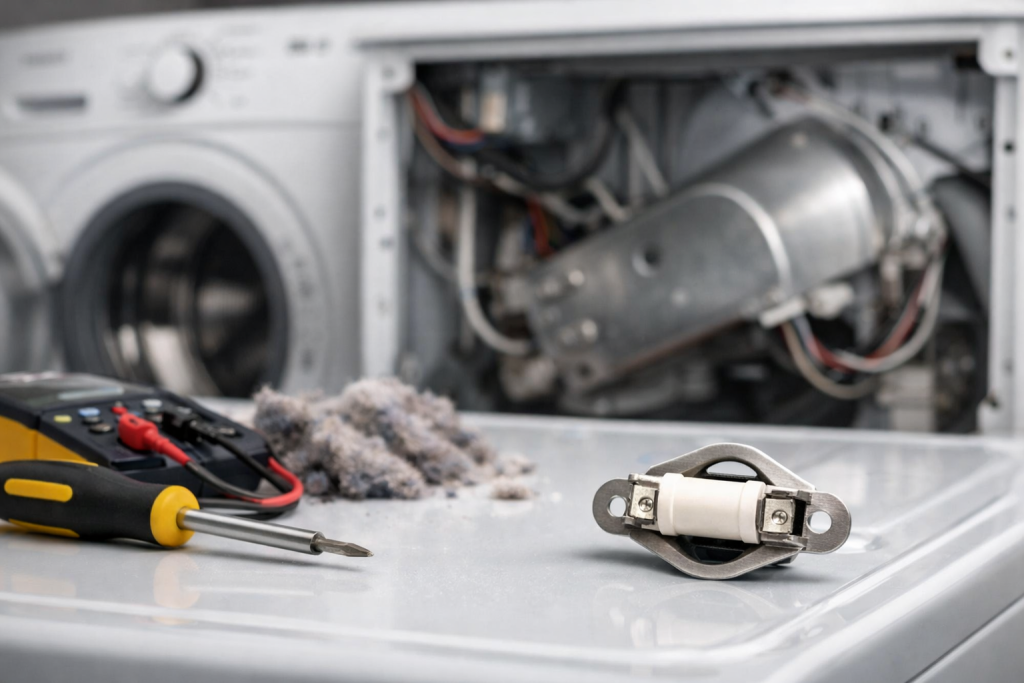 Close-up of a Whirlpool dryer thermal fuse component isolated on a white background in a 3:2 photorealistic frame