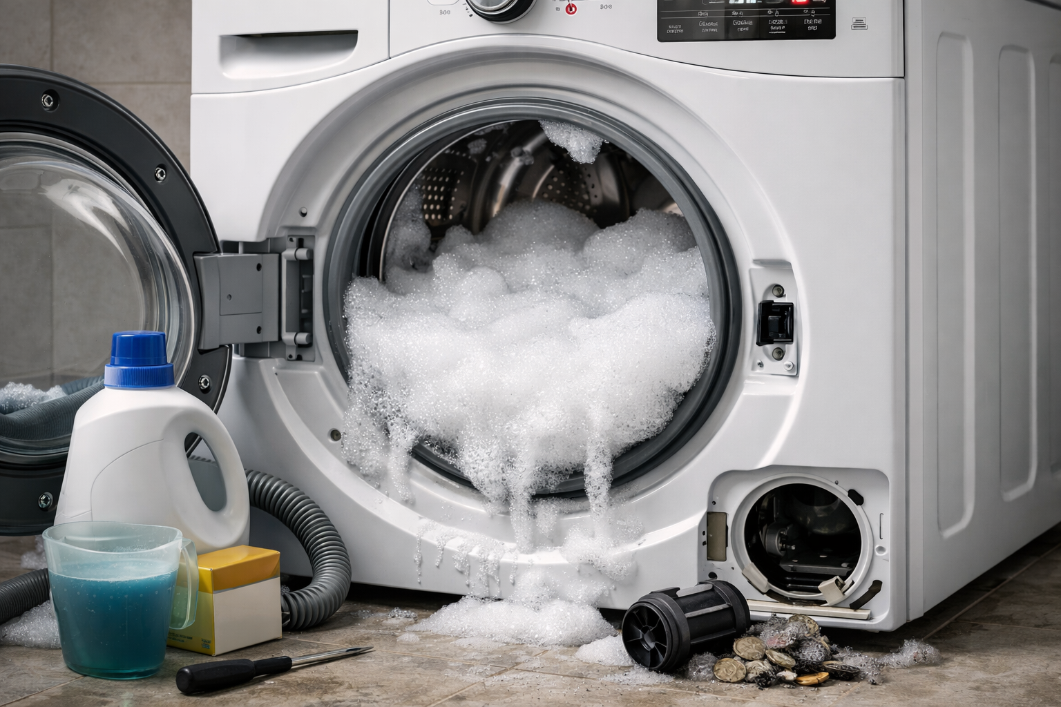 Photorealistic close-up of a Whirlpool front-load washer door slightly open with visible suds inside the drum in a laundry