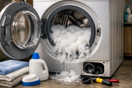 Whirlpool front-load washer with visible suds inside drum indicating excess detergent issue in a home laundry