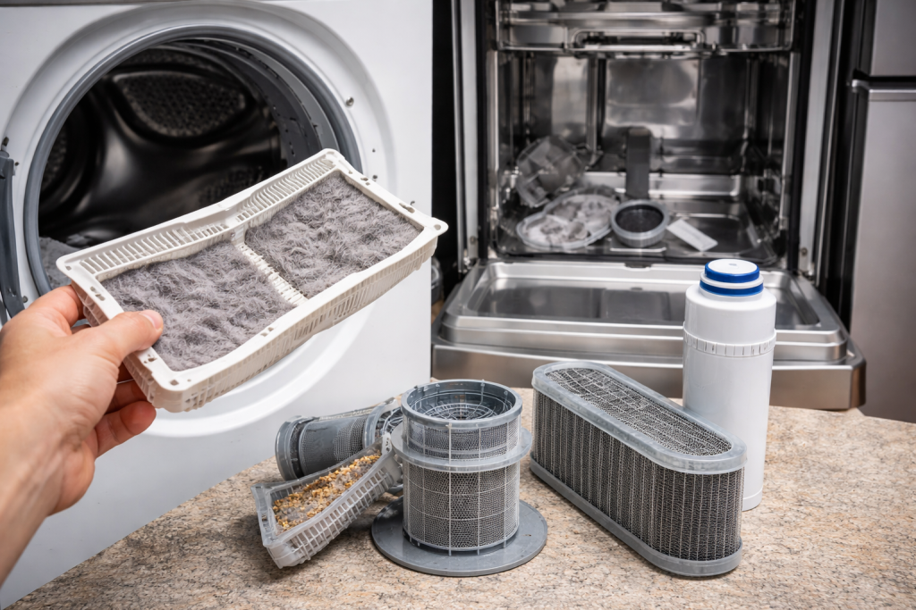 three common household appliance filters including dryer lint filter, dishwasher filter, and refrigerator water filter
