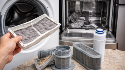 three common household appliance filters including dryer lint filter, dishwasher filter, and refrigerator water filter