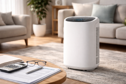 modern air purifier placed on a table in a clean, bright living room environment
