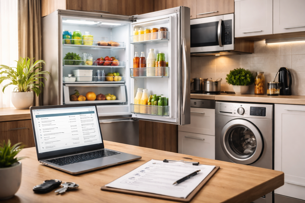 hands holding a checklist next to a washing machine and refrigerator in a bright kitchen setting