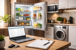 hands holding a checklist next to a washing machine and refrigerator in a bright kitchen setting