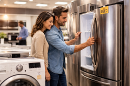 used refrigerator with a warranty document and a question mark symbol indicating uncertainty about extended coverage