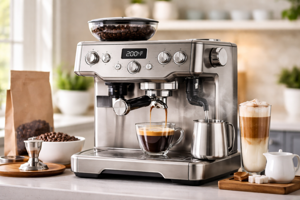fancy coffee machine on kitchen counter with coffee cup and steam rising