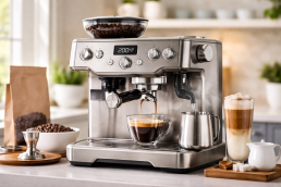 fancy coffee machine on kitchen counter with coffee cup and steam rising
