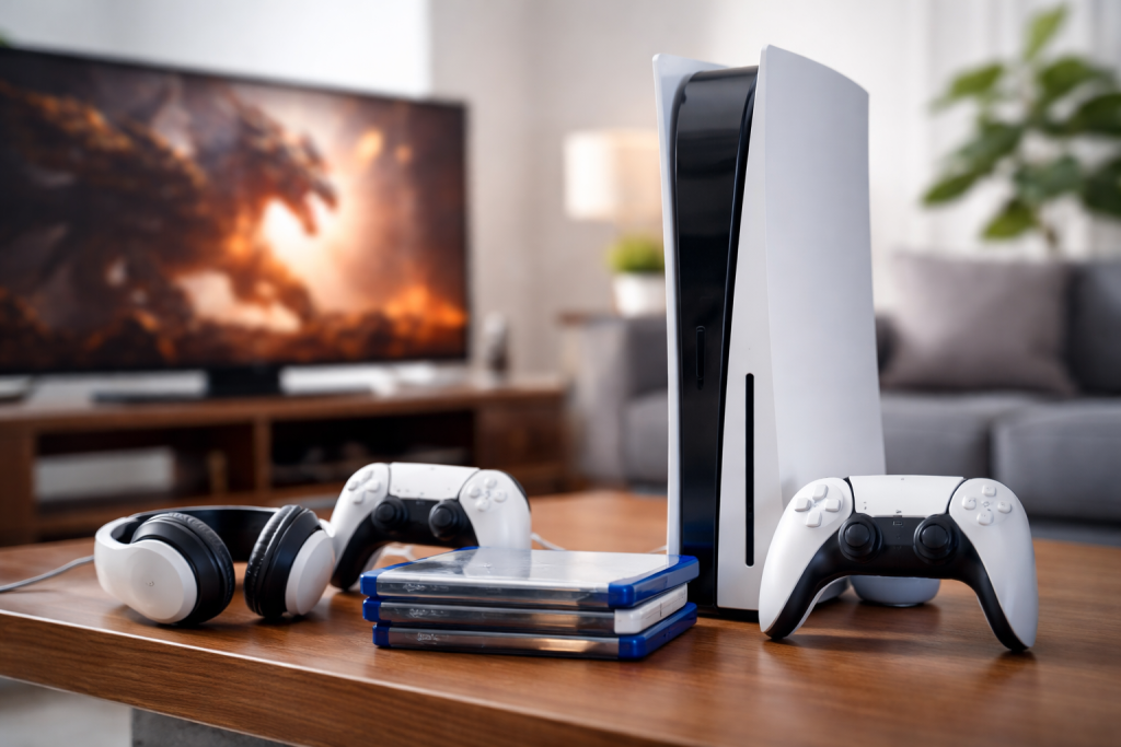 PlayStation 5 console with a protective shield symbolizing a protection plan for the device