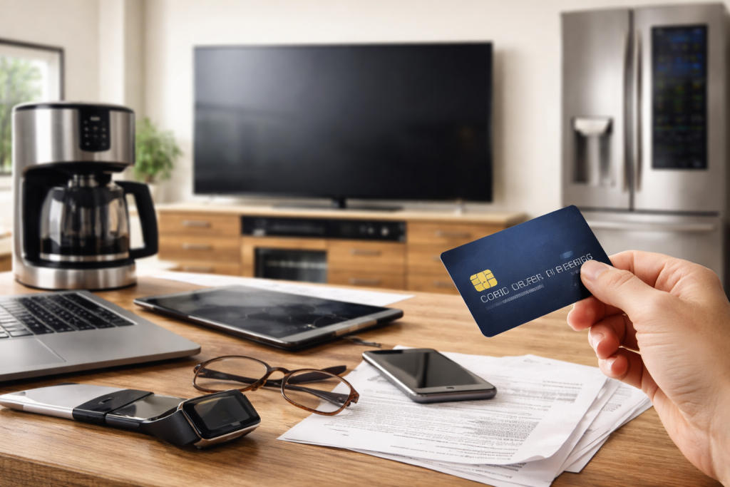 hands holding a credit card and a small broken electronic device on a wooden table
