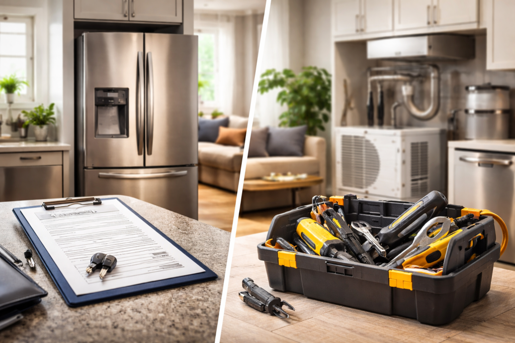 split image showing a broken refrigerator on one side and a house with appliances on the other representing warranty types