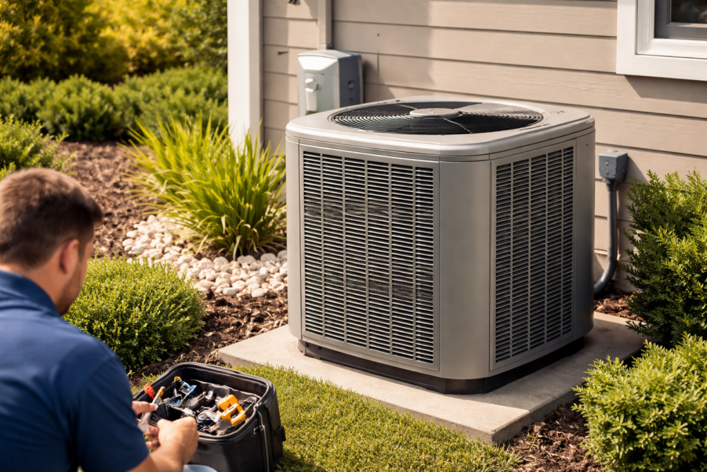 homeowner reviewing heat pump unit outside house with a clipboard and technician nearby