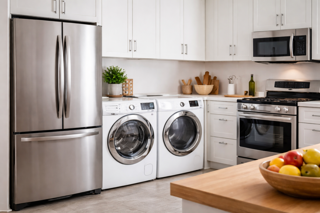 various major household appliances including refrigerator, washing machine, oven, and dishwasher arranged together