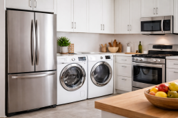 various major household appliances including refrigerator, washing machine, oven, and dishwasher arranged together