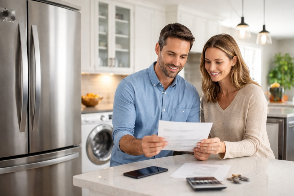 hands holding a receipt and a small appliance with a warranty card on a wooden table