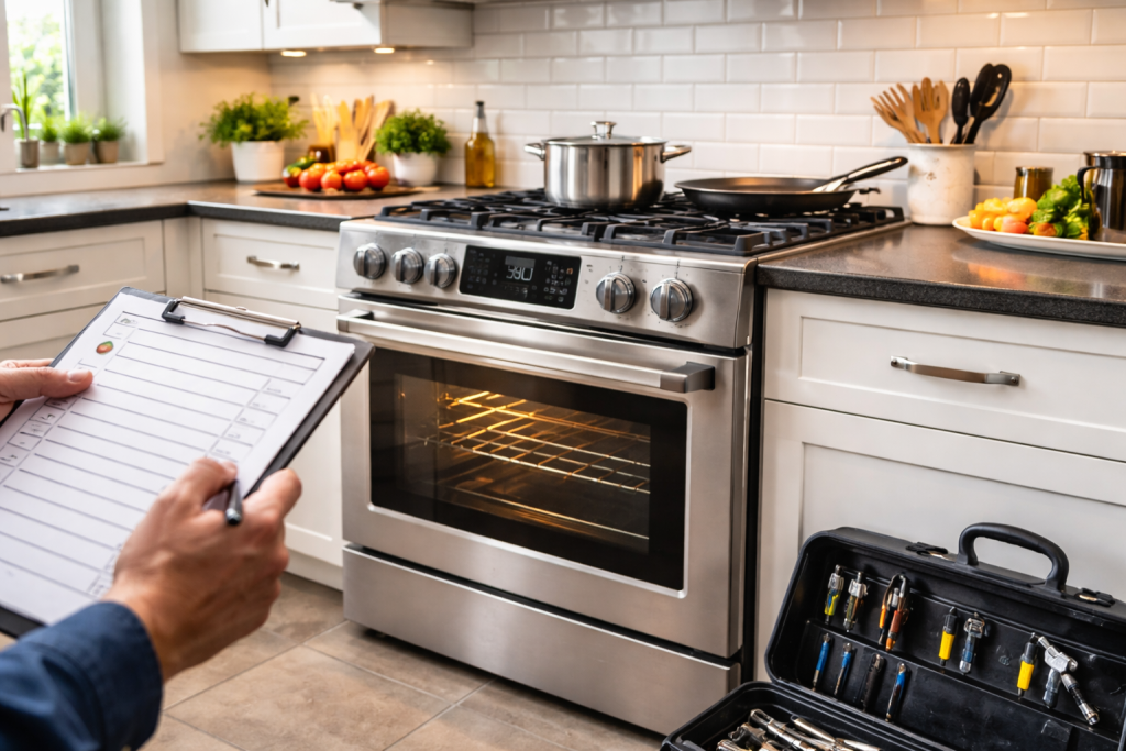 modern kitchen oven and range with glowing burners and digital controls in a bright home setting