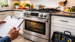 modern kitchen oven and range with glowing burners and digital controls in a bright home setting