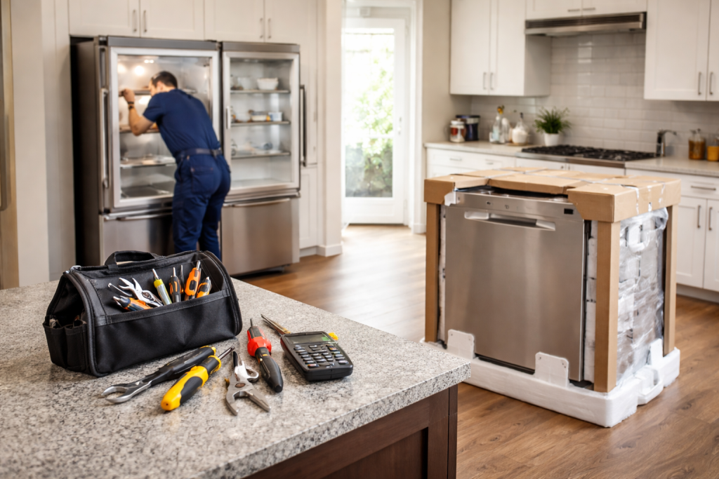 kitchen with old broken refrigerator on one side and new modern refrigerator on the other side
