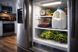 open refrigerator with warm milk and wilting produce inside indicating appliance failure signs
