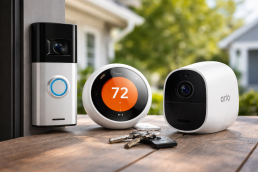 smart home devices including a video doorbell, security camera, and thermostat connected wirelessly in a modern home setting