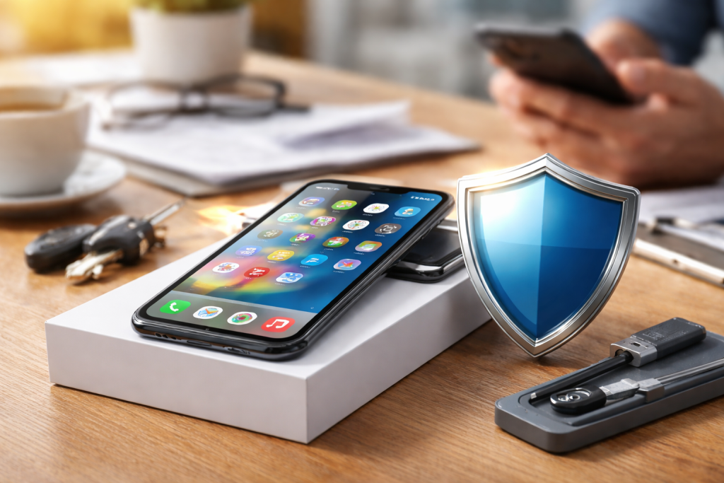 smartphone resting on a table with a protective shield icon hovering above symbolizing extended warranty coverage