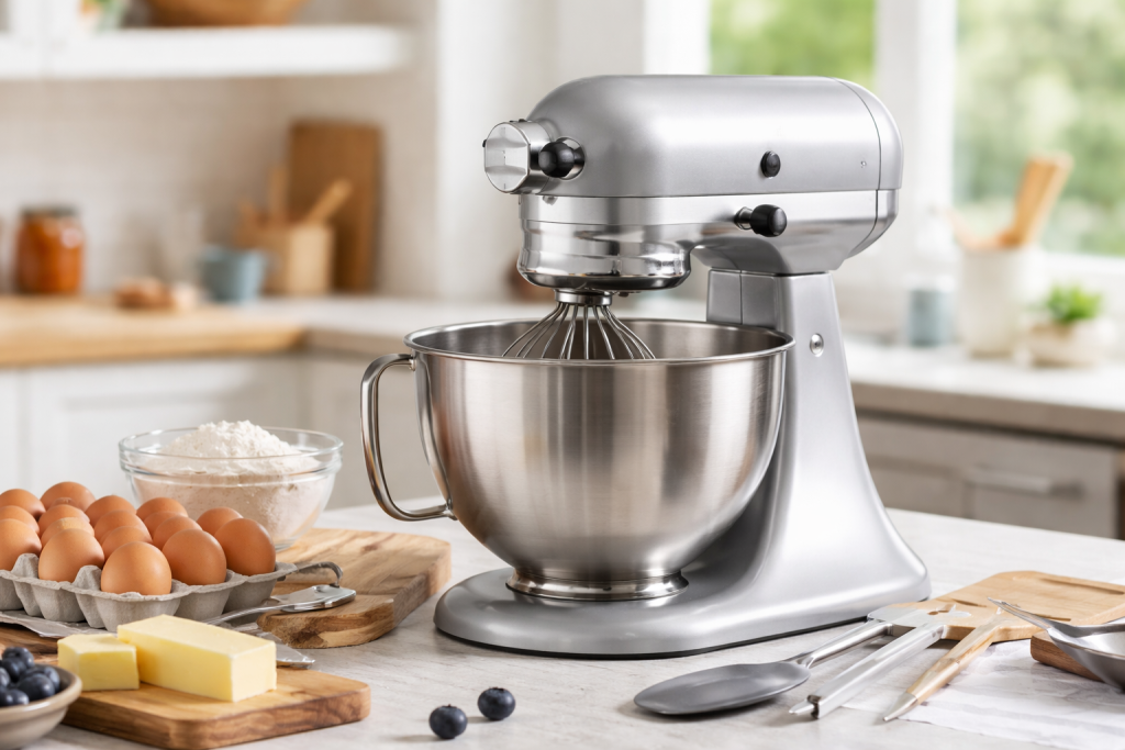 stand mixer on kitchen counter with baking ingredients and utensils nearby suggesting appliance use and care