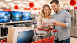 hands holding a credit card and a receipt next to a new flat-screen TV and kitchen appliance on a table