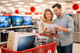 hands holding a credit card and a receipt next to a new flat-screen TV and kitchen appliance on a table