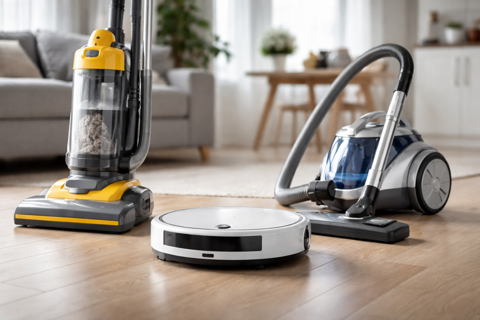 three types of vacuum cleaners upright robot and canister arranged side by side on a clean floor