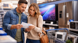 hands holding a smartphone displaying a warranty service app with a blurred background of electronics and appliances