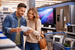 hands holding a smartphone displaying a warranty service app with a blurred background of electronics and appliances