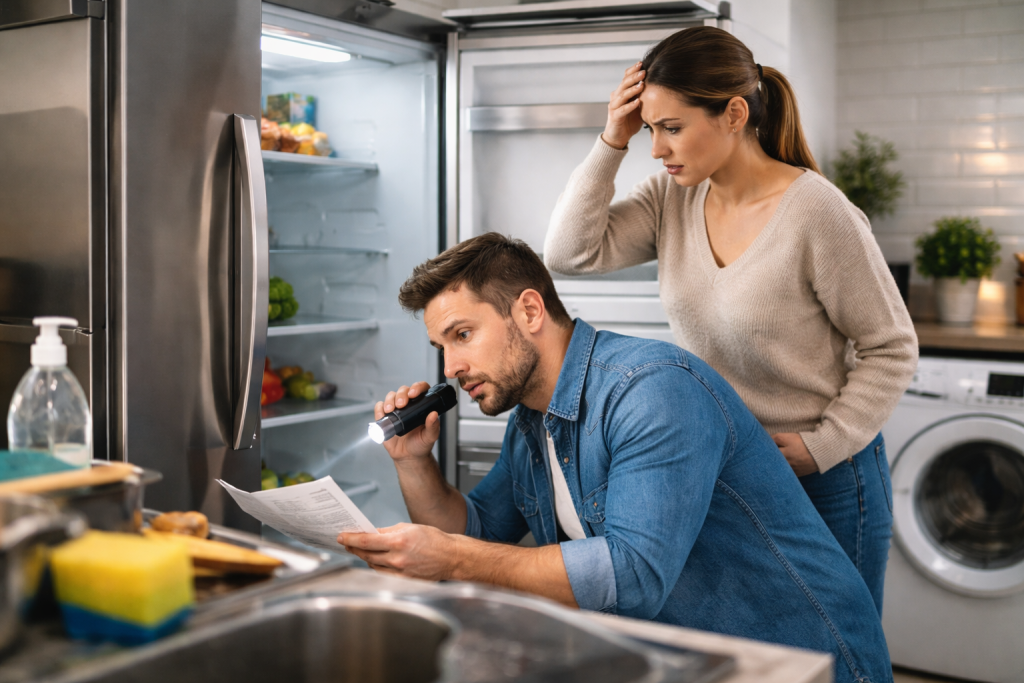 broken refrigerator with open door and spilled food items inside on kitchen floor