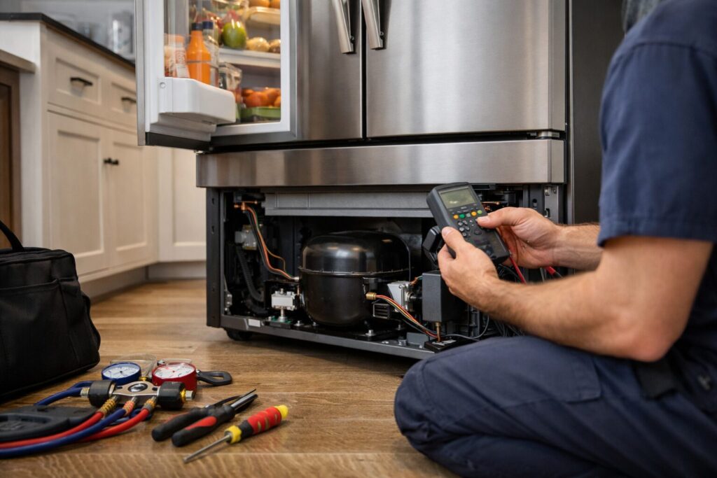 Technician inspecting compressor area of a modern French door refrigerator in a bright kitchen setting
