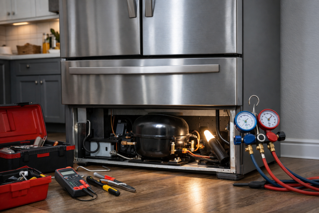 Technician inspecting compressor area of a French door refrigerator in a modern kitchen setting