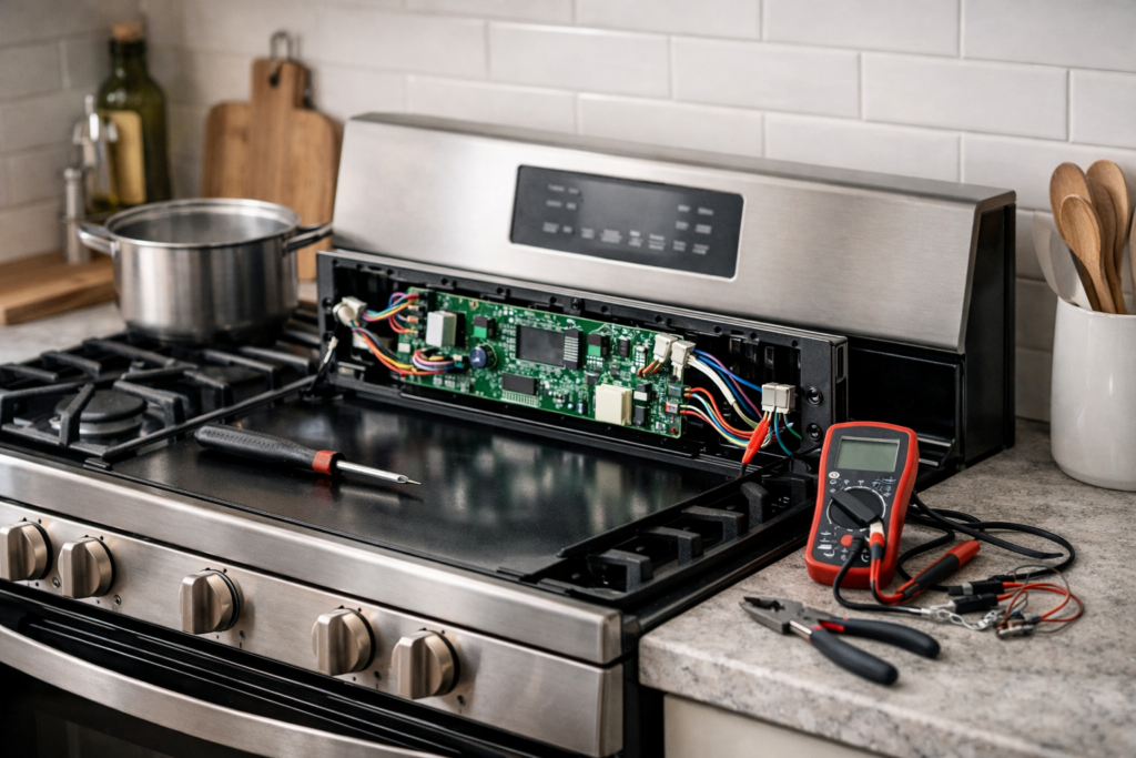 Technician inspecting control board inside a modern gas range in a clean kitchen repair setting