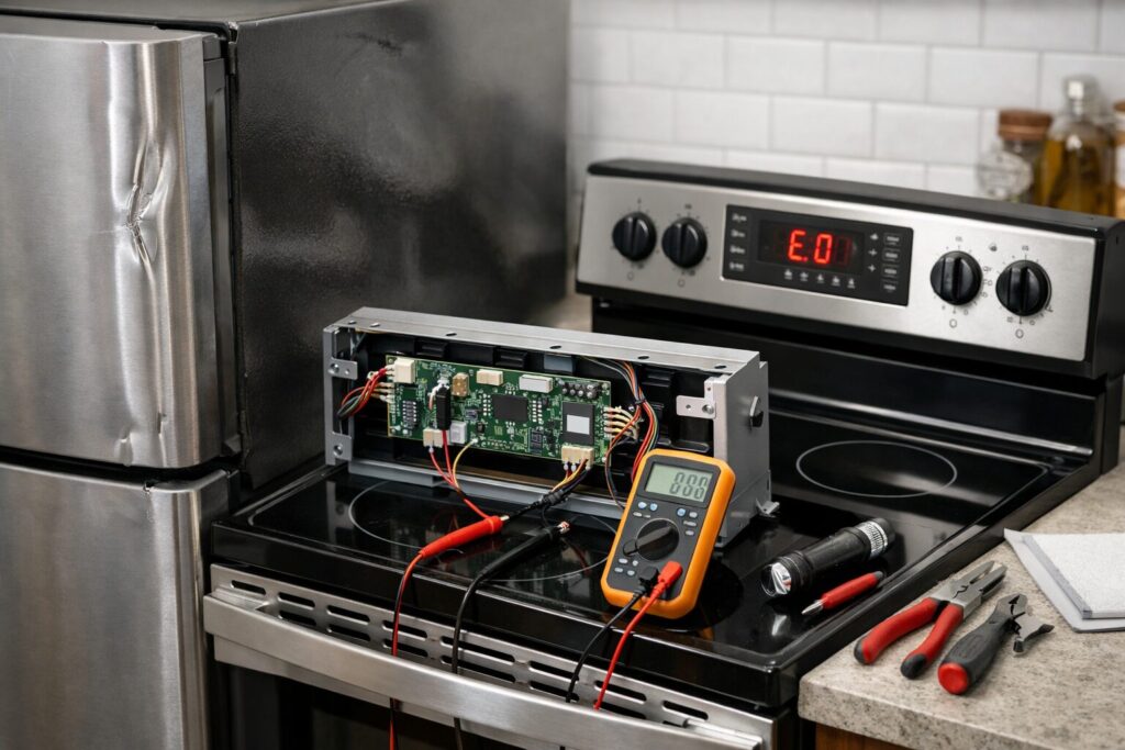 technician inspecting control board inside scratch and dent electric range in modern kitchen setting