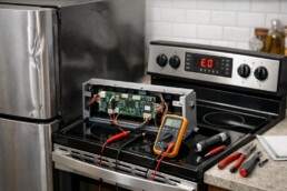 technician inspecting control board inside scratch and dent electric range in modern kitchen setting
