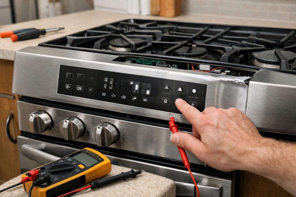 Close-up of a technician inspecting and repairing the control panel of a scratch and dent gas range in a modern kitchen
