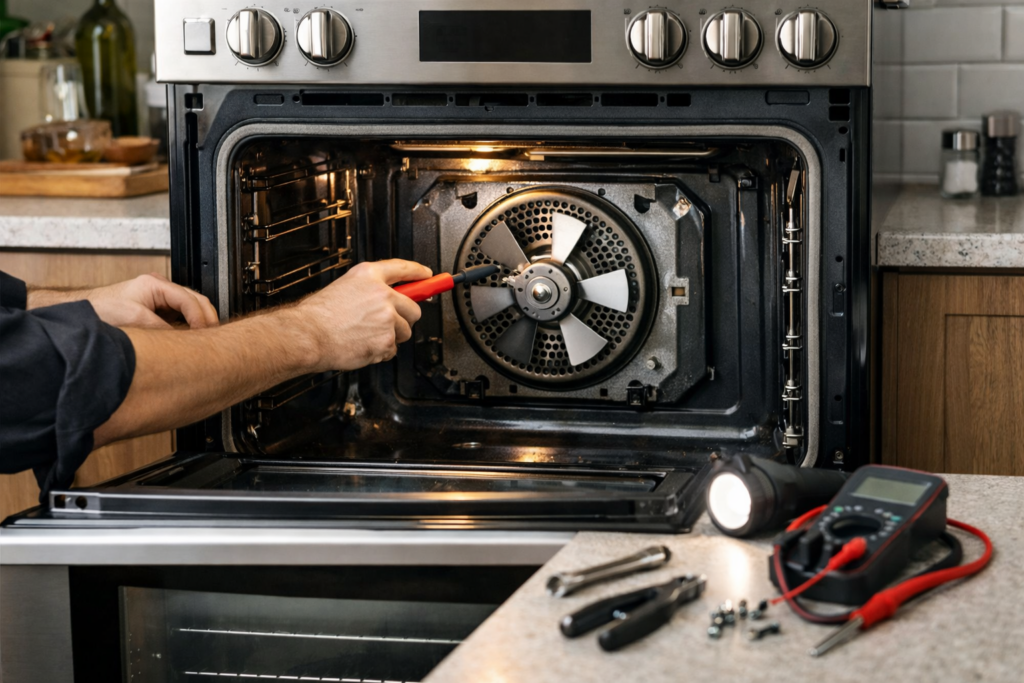 Technician repairing convection fan inside an electric range in a modern kitchen setting with natural lighting