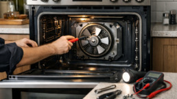 Technician repairing convection fan inside an electric range in a modern kitchen setting with natural lighting