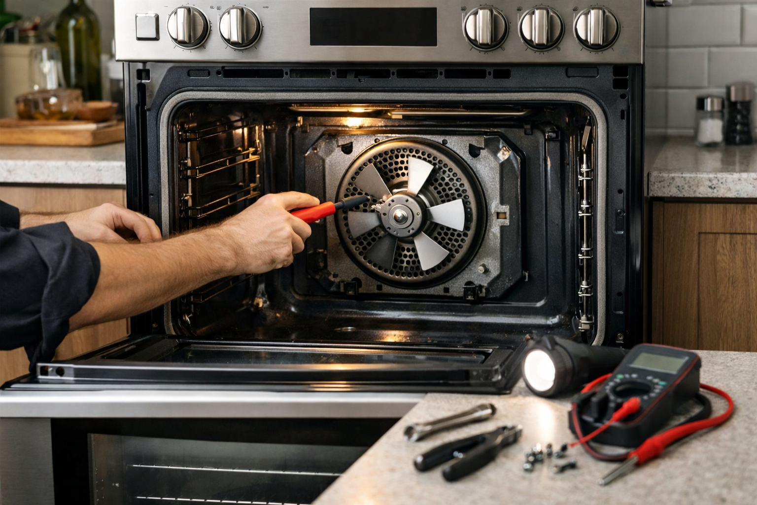 Technician repairing convection fan inside an electric range in a modern kitchen setting with natural lighting