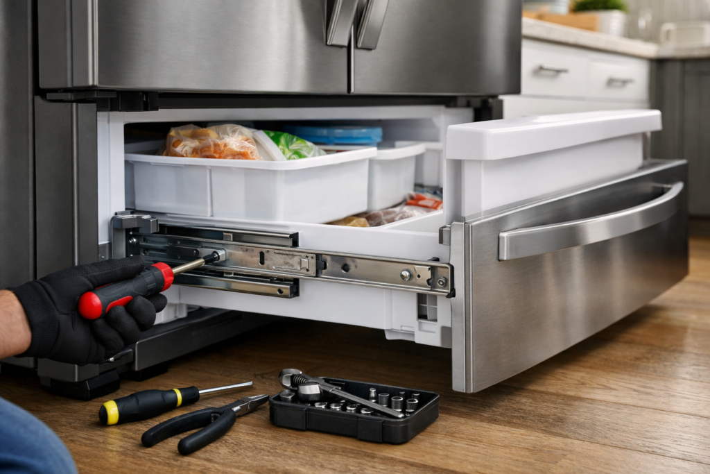 French door refrigerator drawer partially open showing metal track mechanism in a modern kitchen setting