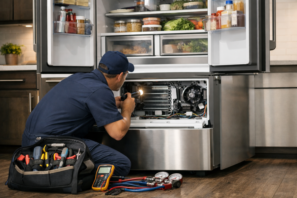 Technician inspecting dual evaporator system inside a modern French door refrigerator in a bright kitchen setting