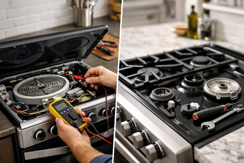 Technician inspecting electric and gas ranges side by side in a modern kitchen repair setting with tools nearby
